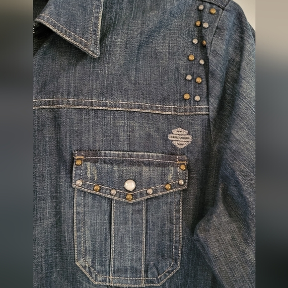 Harley Davidson Logo Embroidered Studded Denim Shirt Pearl Snap Roll Tab Sleeve - Picture 6 of 12